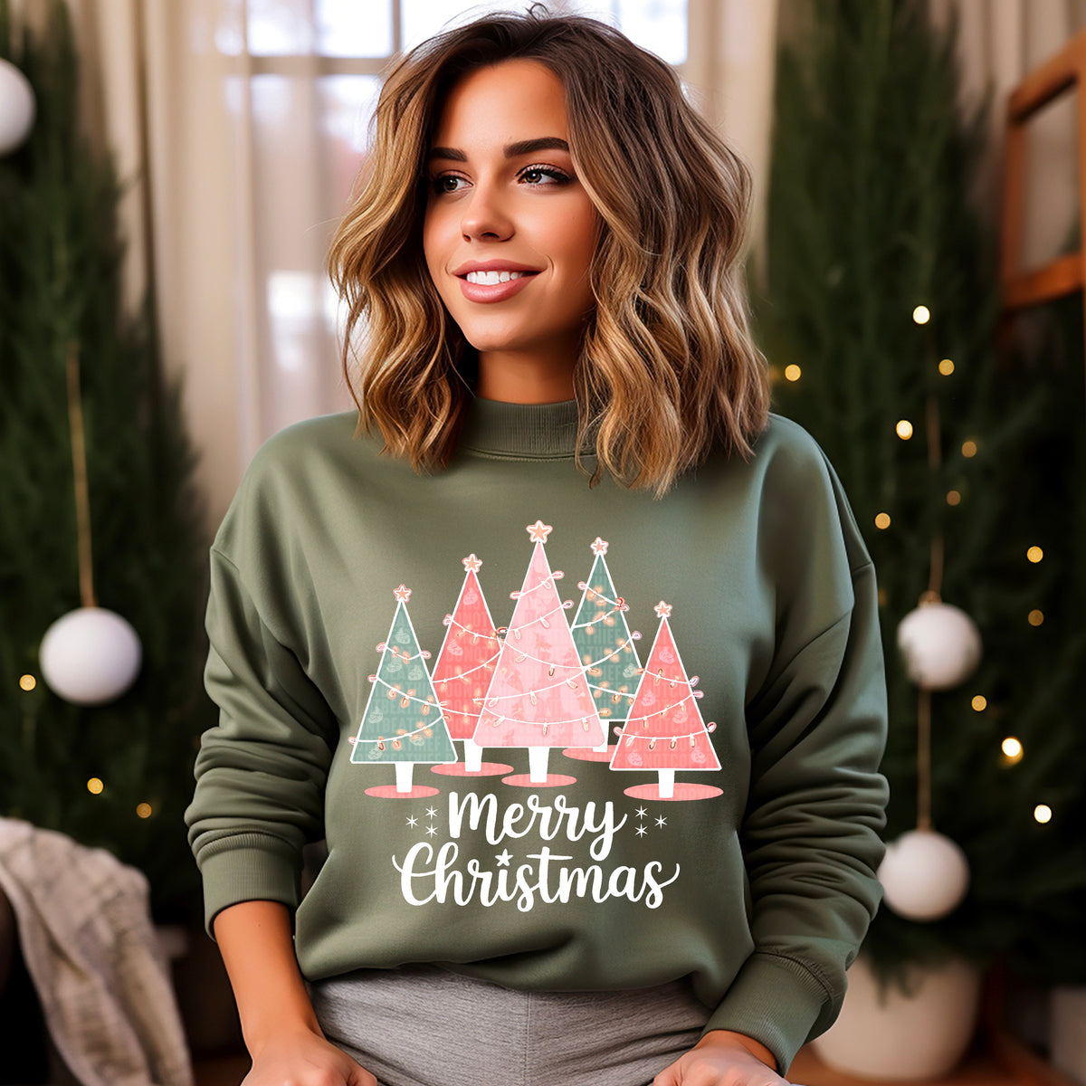 Merry Christmas trees white font 93408 DTF transfer