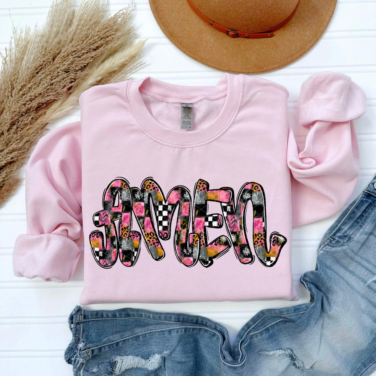 Amen (pink orange & checkered) Sunday Special DTF transfer