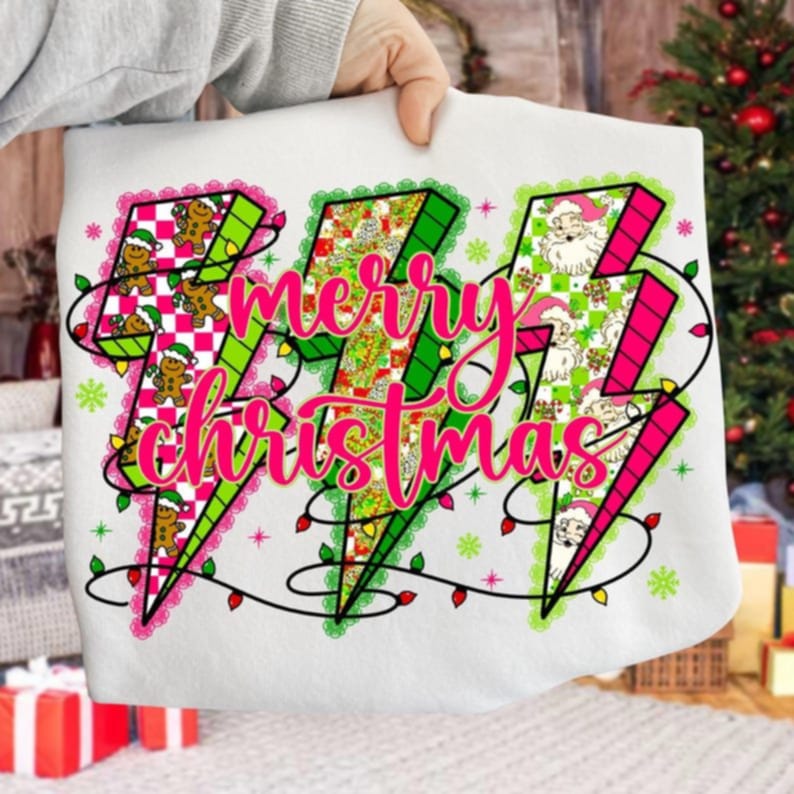 Merry Christmas with three lightning bolts and lights DTF transfer