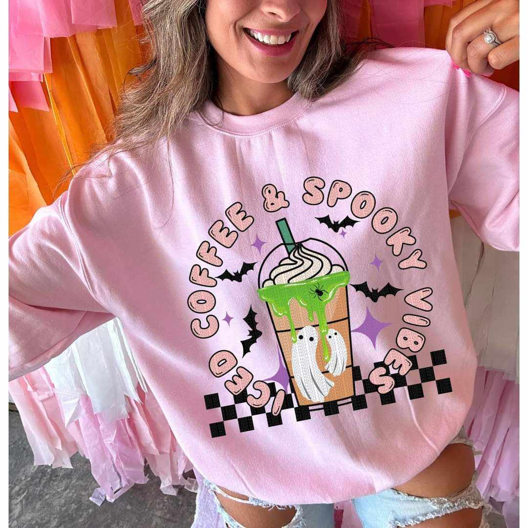 Iced coffee & spooky vibes light pink font (HW) 50216 DTF transfer