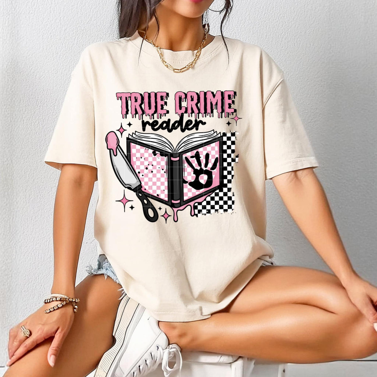 True crime reader pink book black font (CSC) 98932 DTF transfer