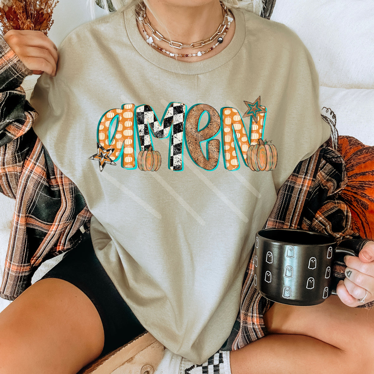 Amen teal and orange checker DTF transfer