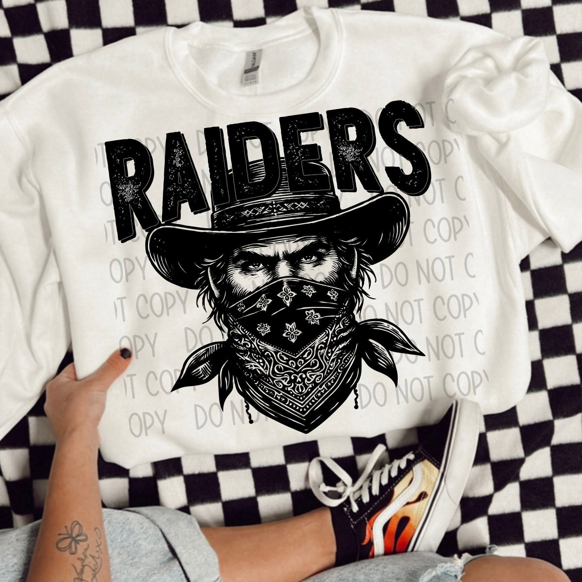 Raiders cowboy hat bandanna on face black/white outline DTF transfer