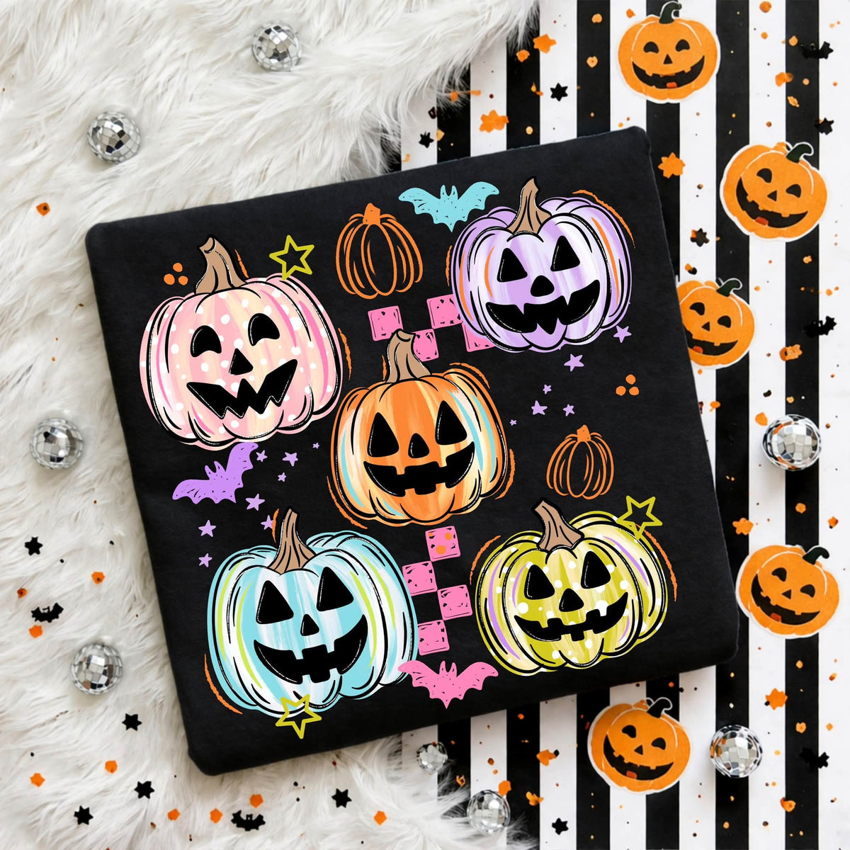 Pastel brushstroke pumpkin collage with checkers and bats Tuesday Deal DTF