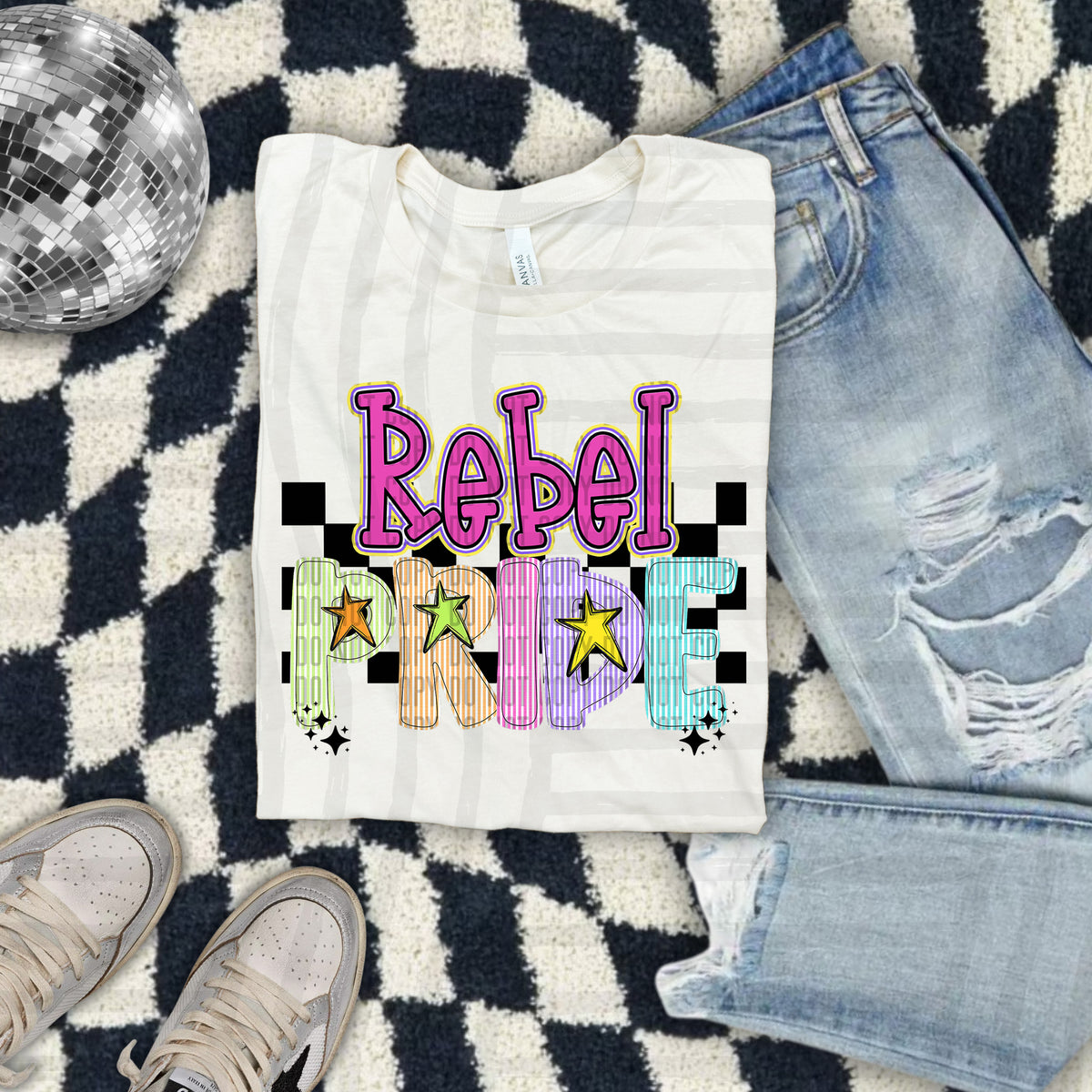 Rebel Pride - Colorful Stripe With Stars And Checker 108226 DTF transfer
