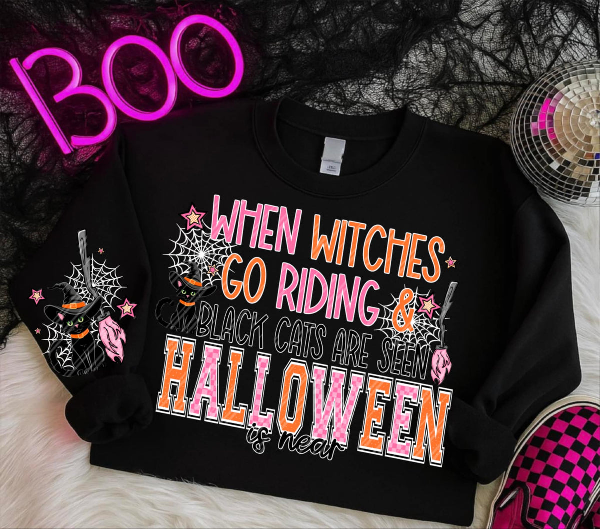 When witches go riding white accents front only (linda) DTF transfer