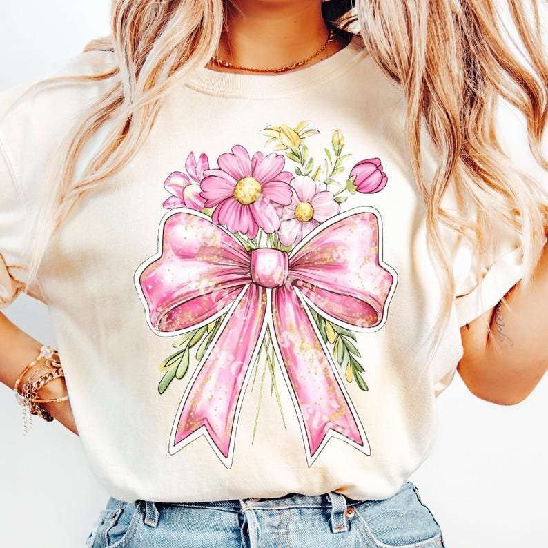 Pink bow with flowers 80205 DTF transfer