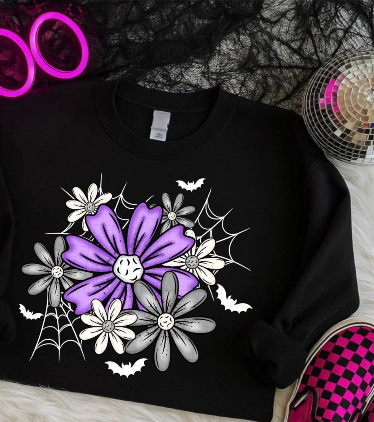 Purple and gray florals with spider web (Linda) DTF Transfer