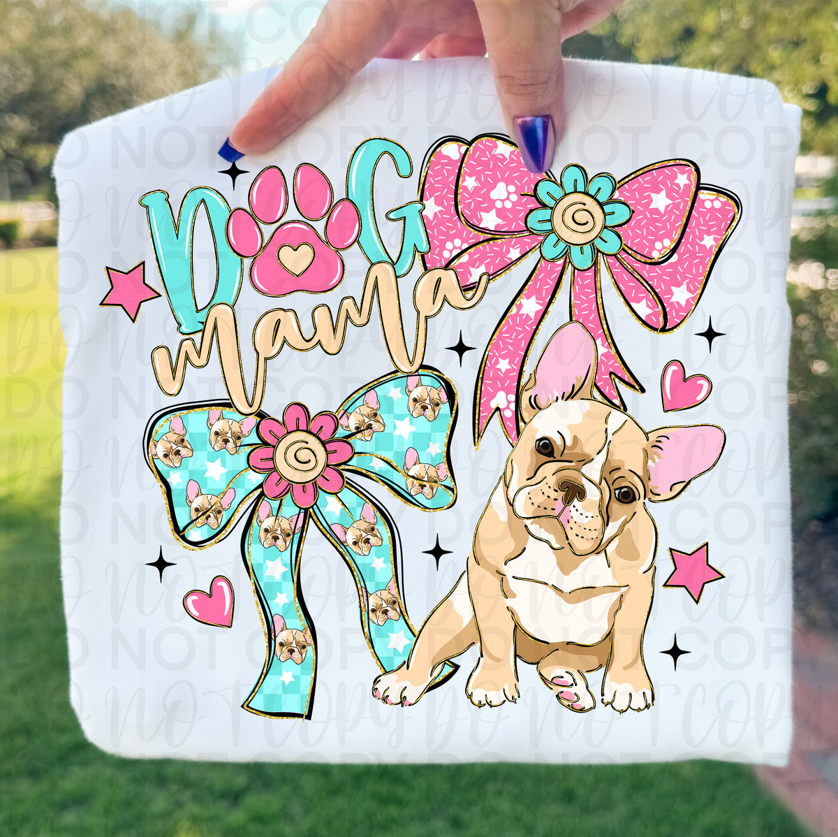 Dog mama French Bulldog (pink and teal w bows) (UAC) DTF Transfer