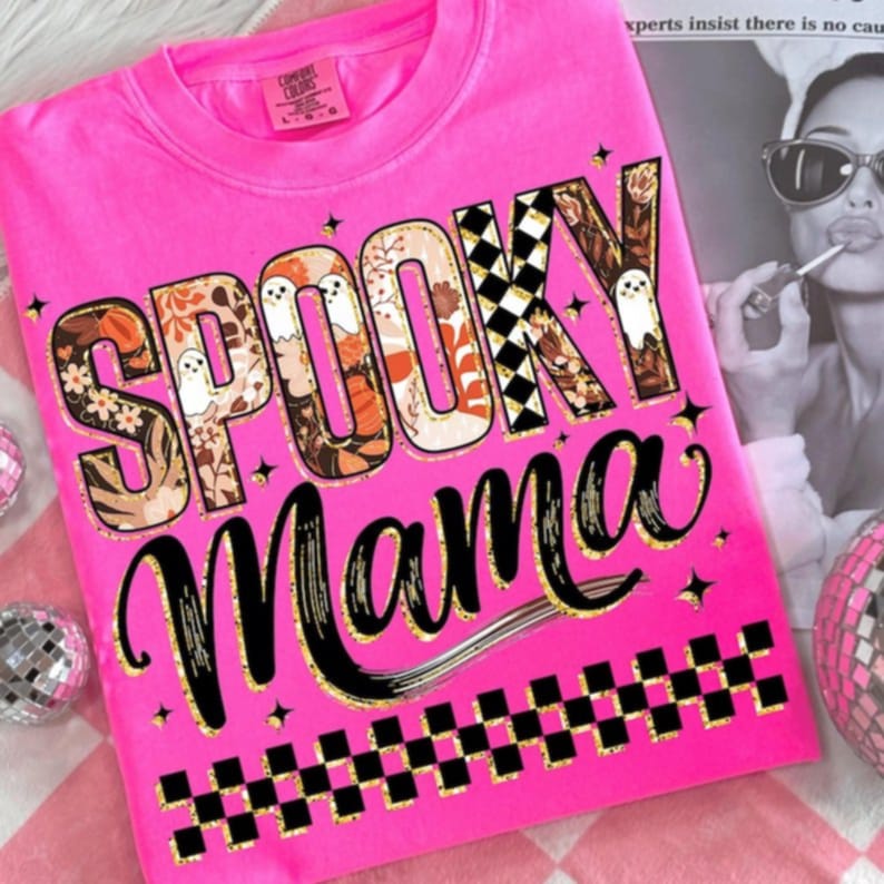 Spooky Mama with glitter gold and black checker  DTF transfer