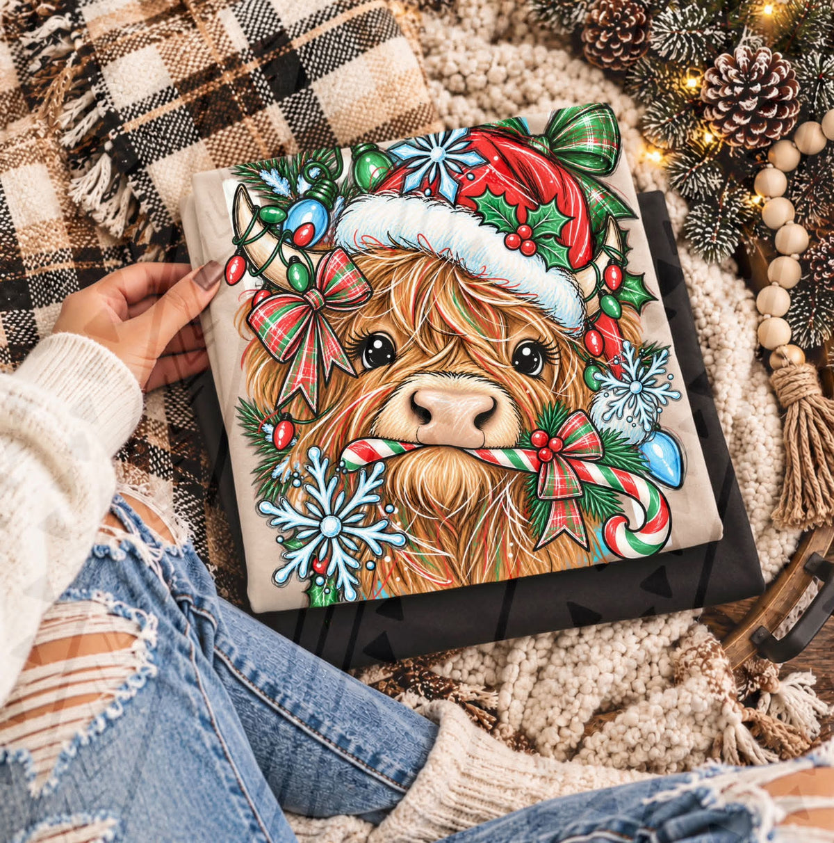 Highland cow wearing Santa hat with holly berries and snowflakes with red and green candy cane in mouth (Kai) DTF Transfer