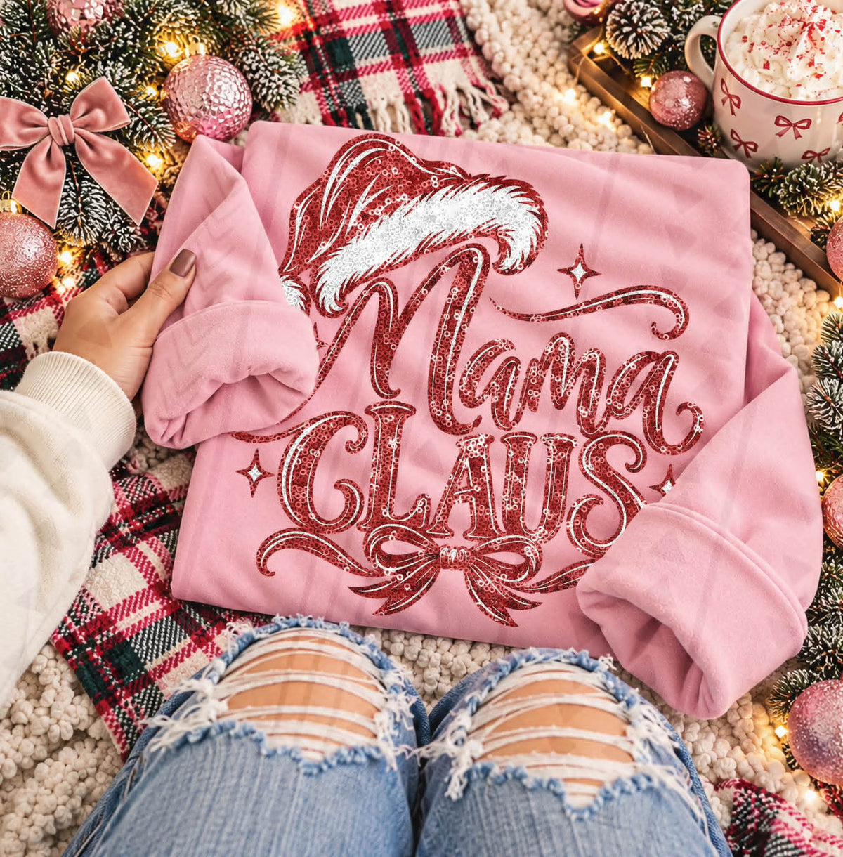 Mama claus with Santa hat and bow red faux sequins (Kai) DTF Transfer