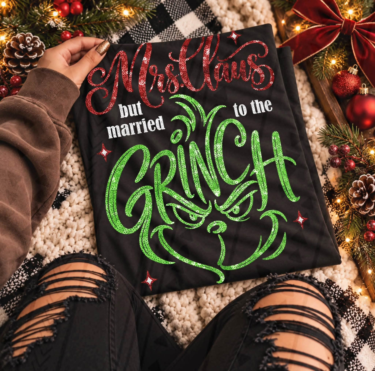 Mrs. Clause but married to the G man red and green faux sequins (Kai) DTF Transfer