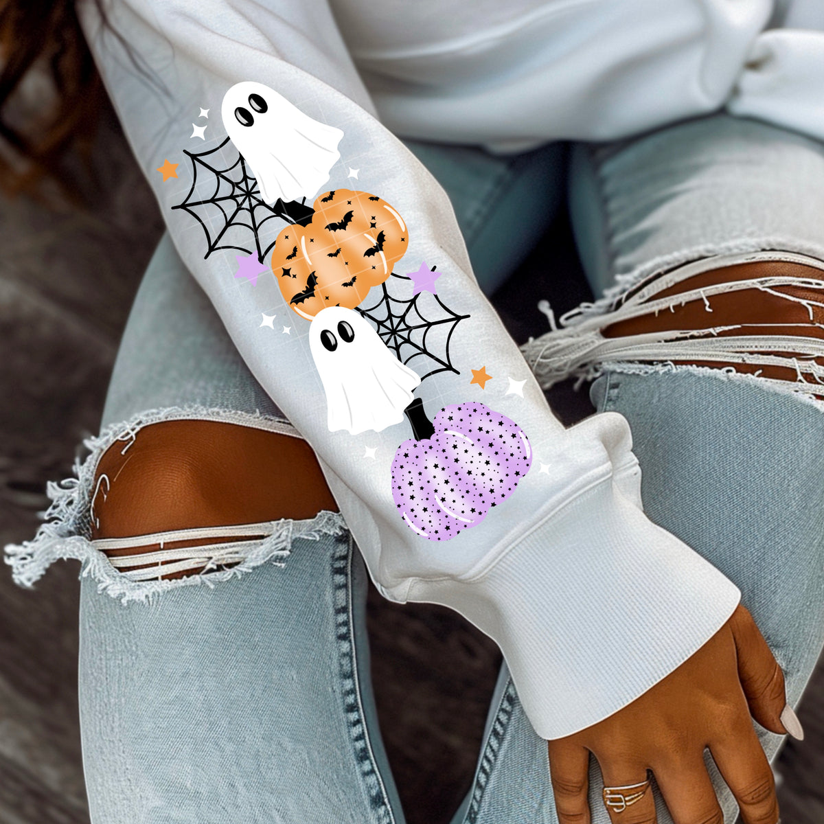 Spooky Season ghost, purple and orange pumpkins (sleeve) CSC DTF transfer