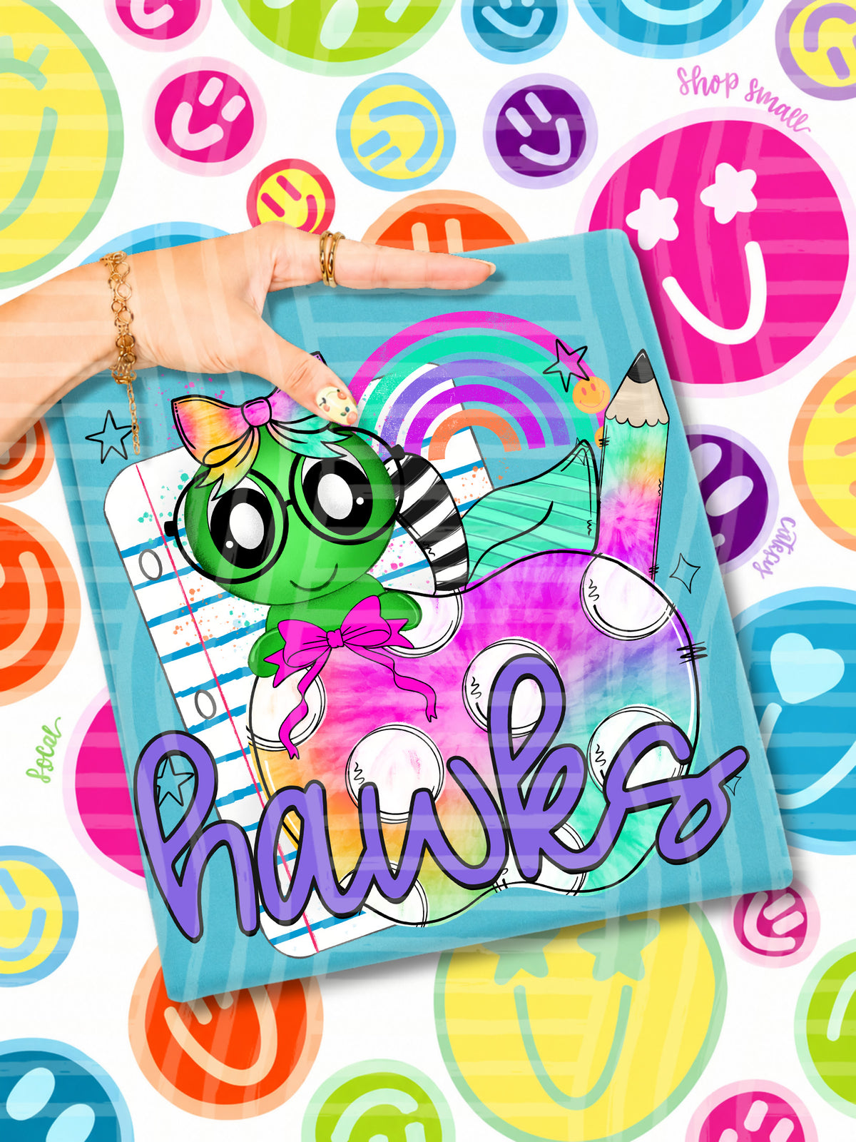 hawks tie dye apple with white dots & green bug (CAPLINGER) DTF Transfer
