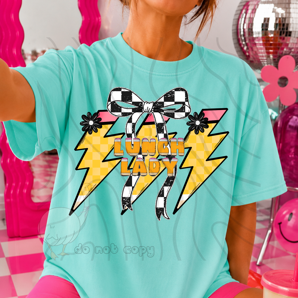 lunch lady 54 lightening bolt black/white bow occupation (dkdbk) DTF transfer