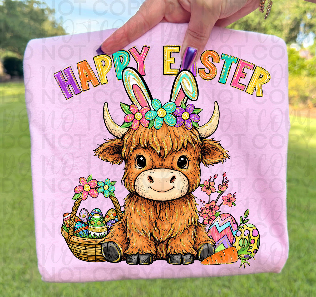 Happy Easter (cow w bunny ears, easter basket, eggs, florals) (UAC) DTF Transfer