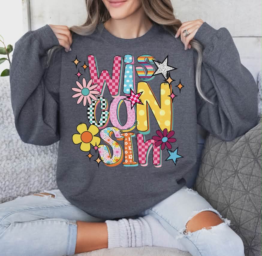Wisconsin colorful stars and flowers (S&G) DTF Transfer