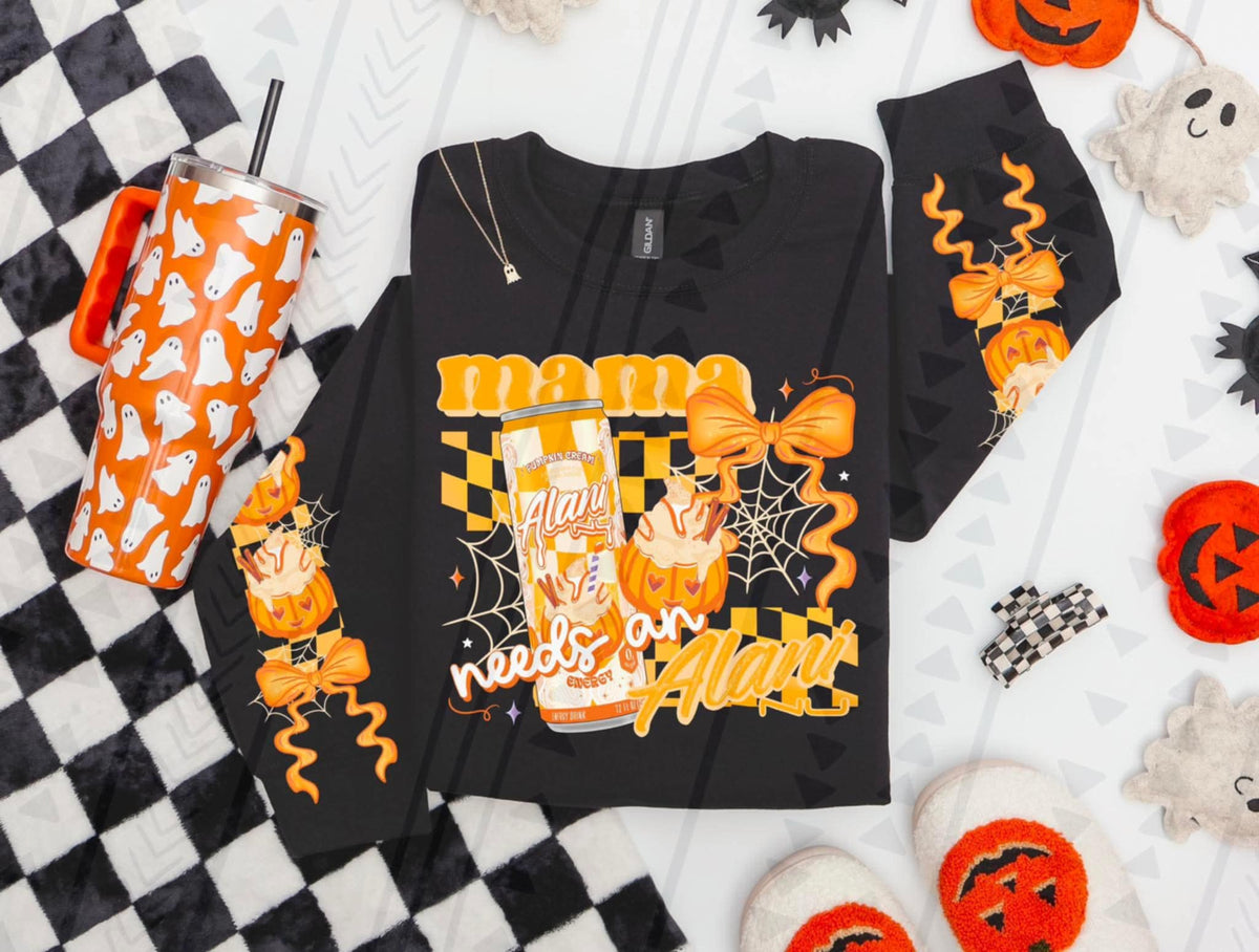 Mama Needs a Pumpkin Energy Drink (front only) TGG DTF transfer