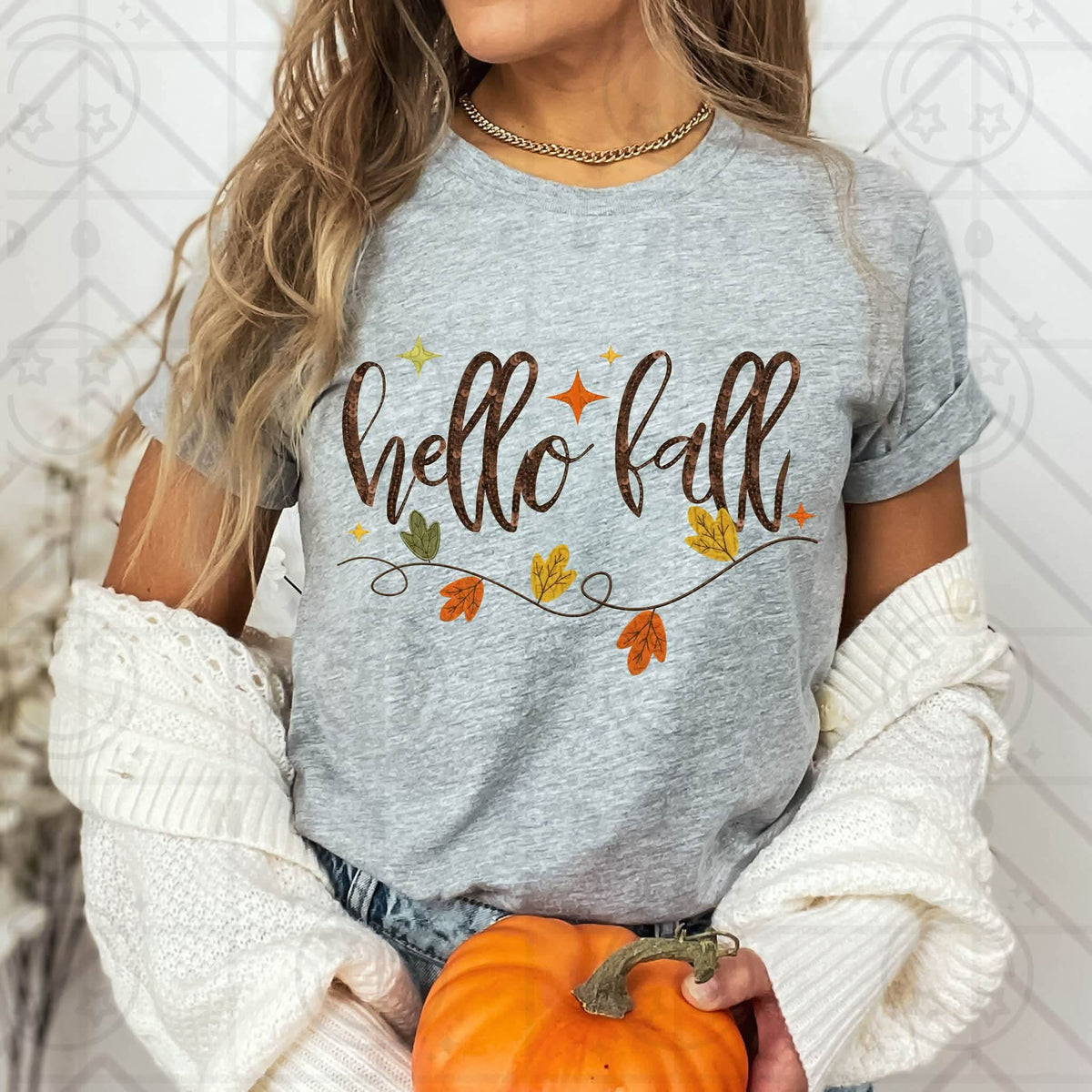 Hello fall cursive font with leaves (HW) DTF Transfer