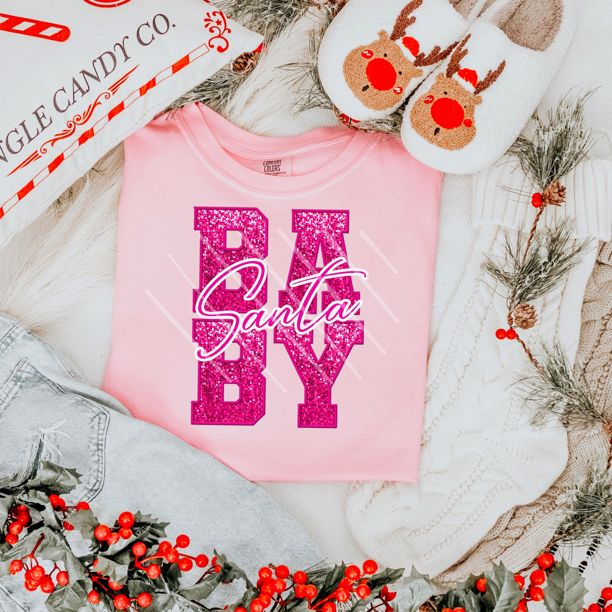 Santa Baby Pink Faux Glitter (Santa in pink text) 111685 DTF transfer