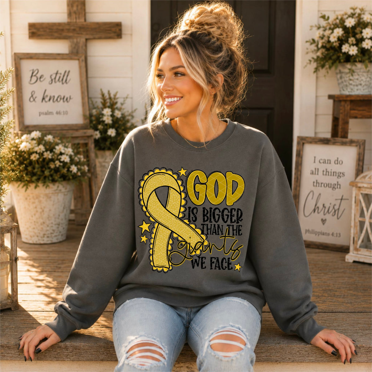 God is bigger than the giants we face GOLD  ribbon (SDD) DTF Transfer