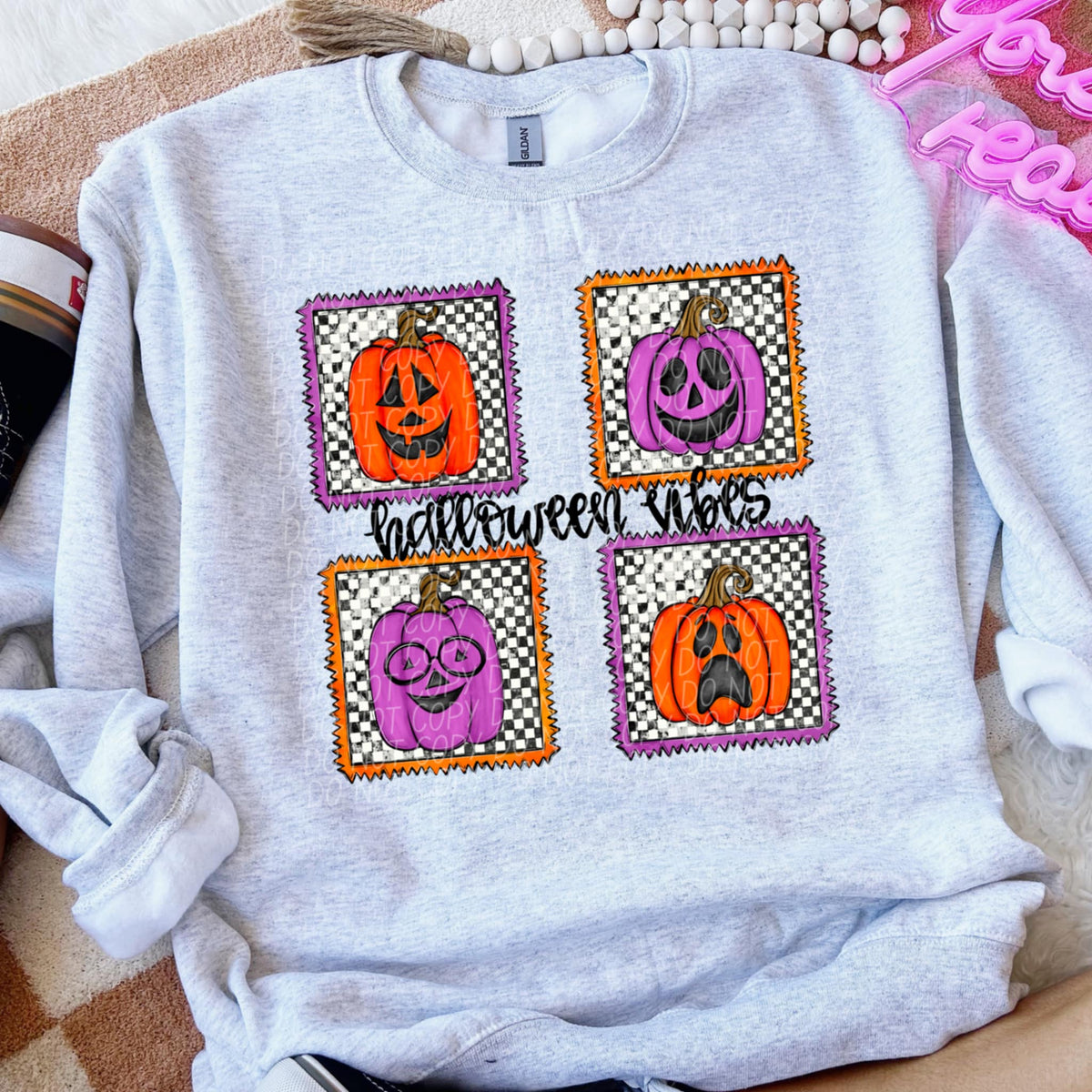 Halloween vibes Pumpkin Frames checker background (city) DTF transfer