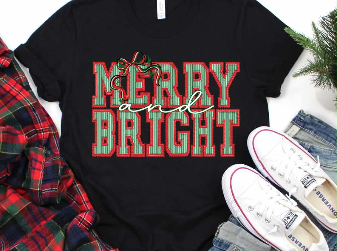 Merry and Bright with bow (S&G) DTF transfer