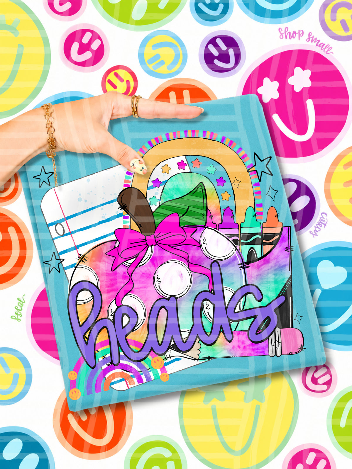 heads tie dye apple with white dots and school stuff (CAPLINGER) DTF Transfer