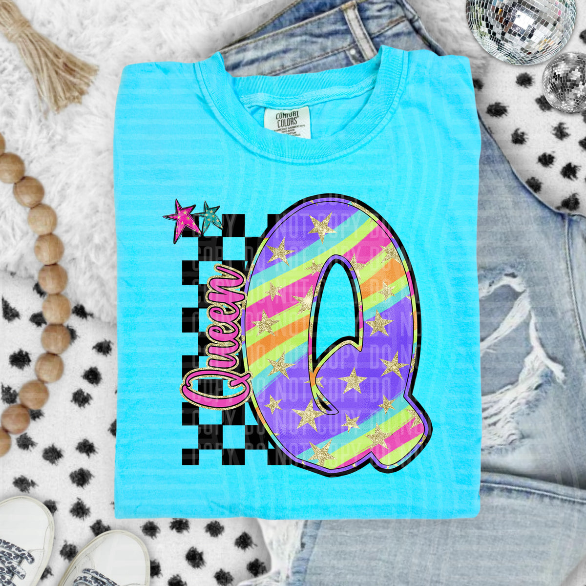 Queen Colorful Retro Rainbow Letter Q With Stars And Checker 108140 DTF transfer