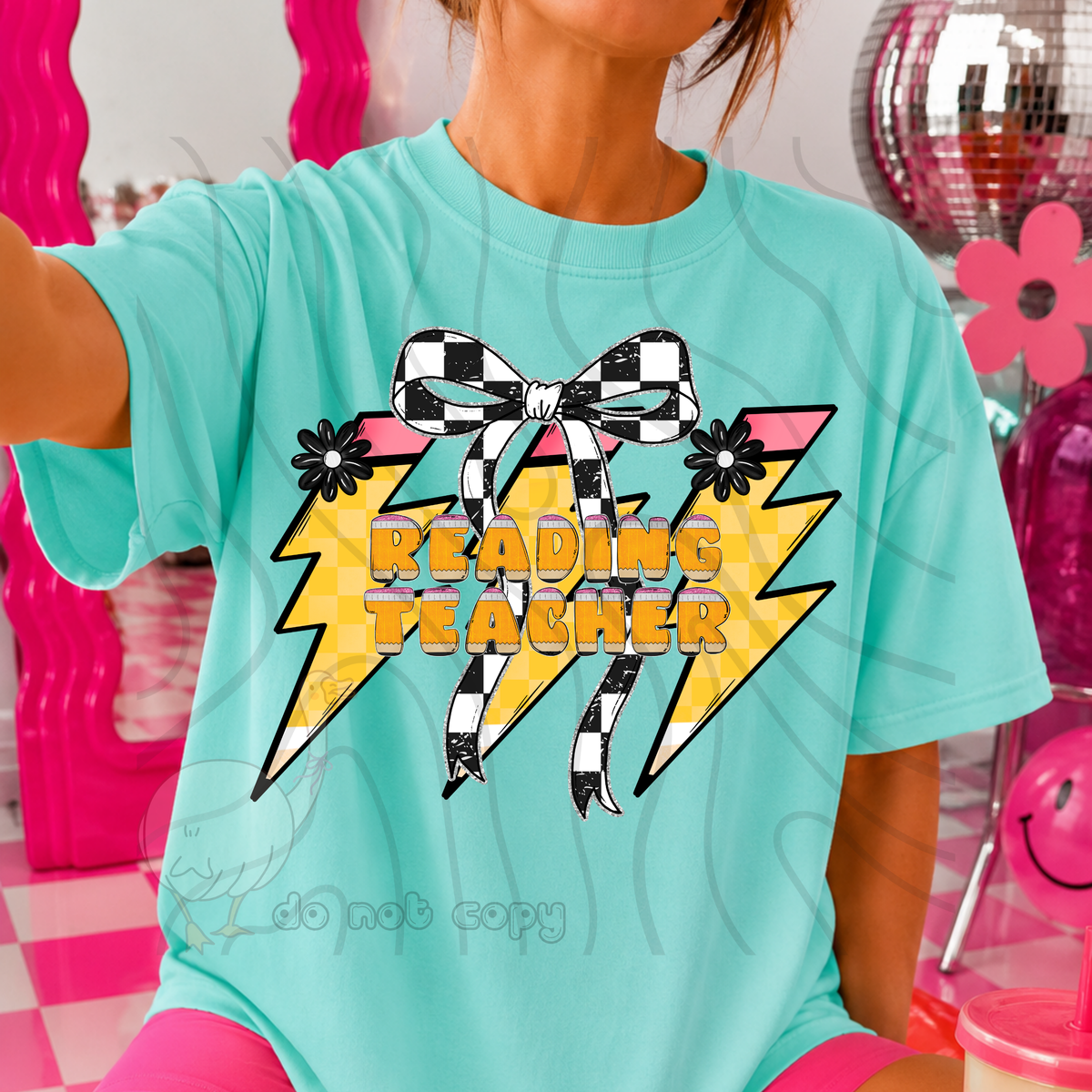 reading teacher 55 lightening bolt black/white bow occupation (dkdbk) DTF transfer