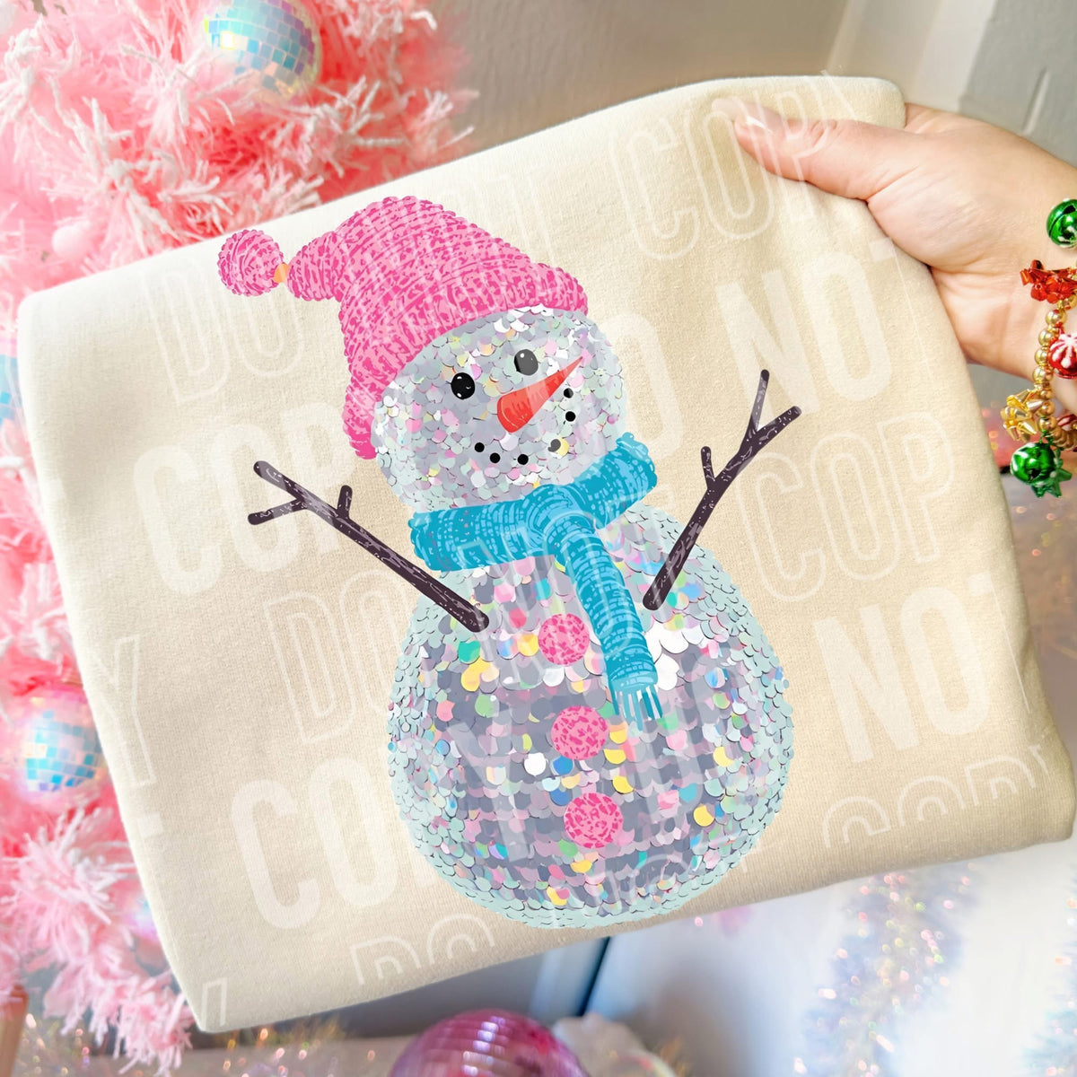 Faux Sequin Snowman with pink hat SBB DTF Transfer