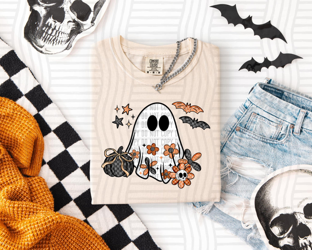 Ghost with bats and flowers checker (caplinger) DTF transfer