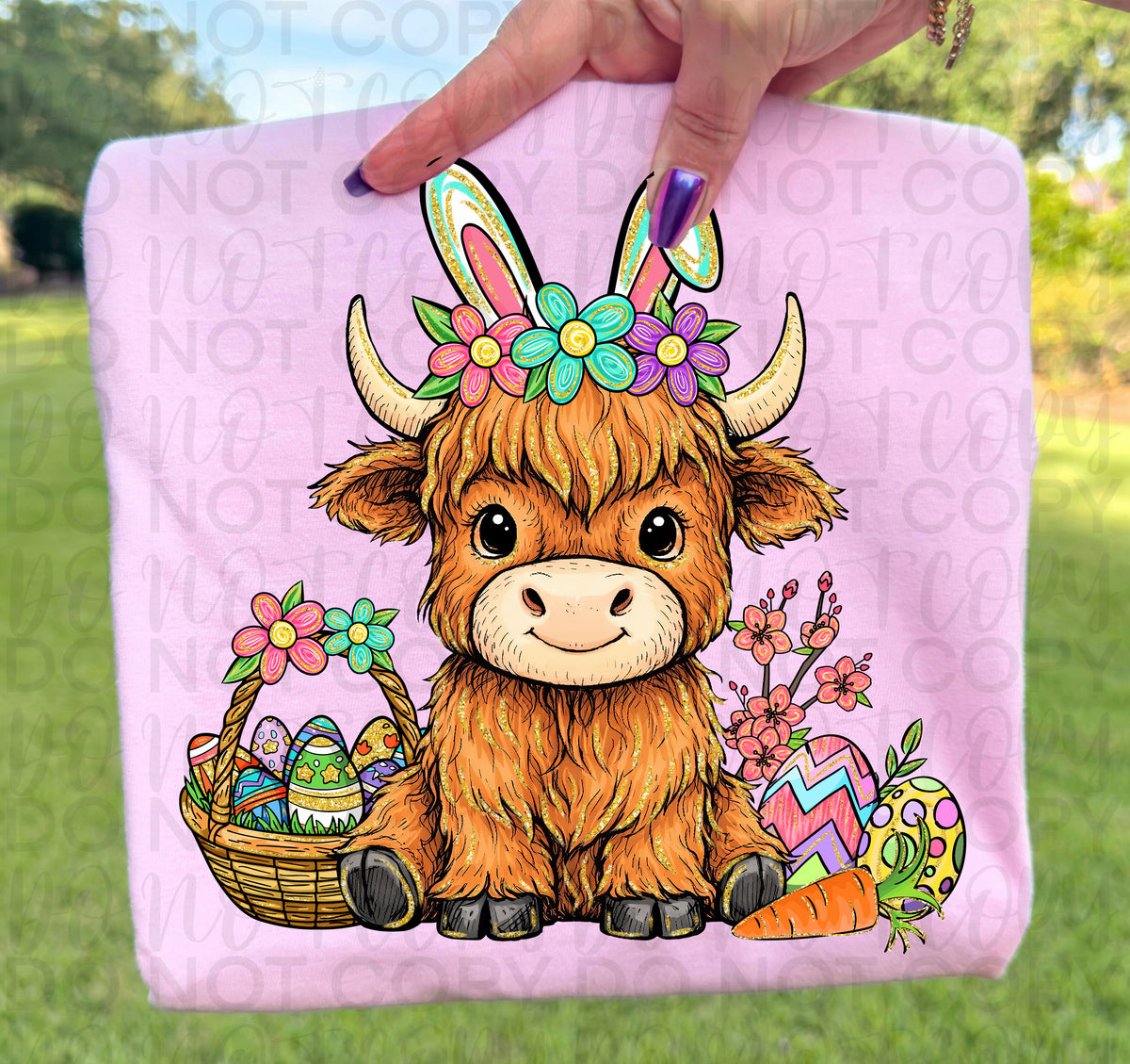 Highland cow (bunny ears with flowers, easter basket, eggs, florals) (UAC) DTF Transfer