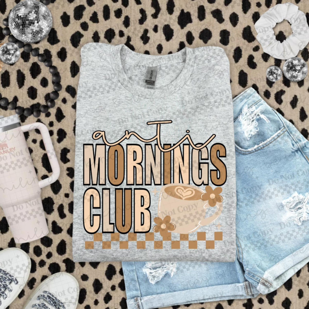 Anti Mornings Club with coffee mug and checker (black outline) DTF transfer