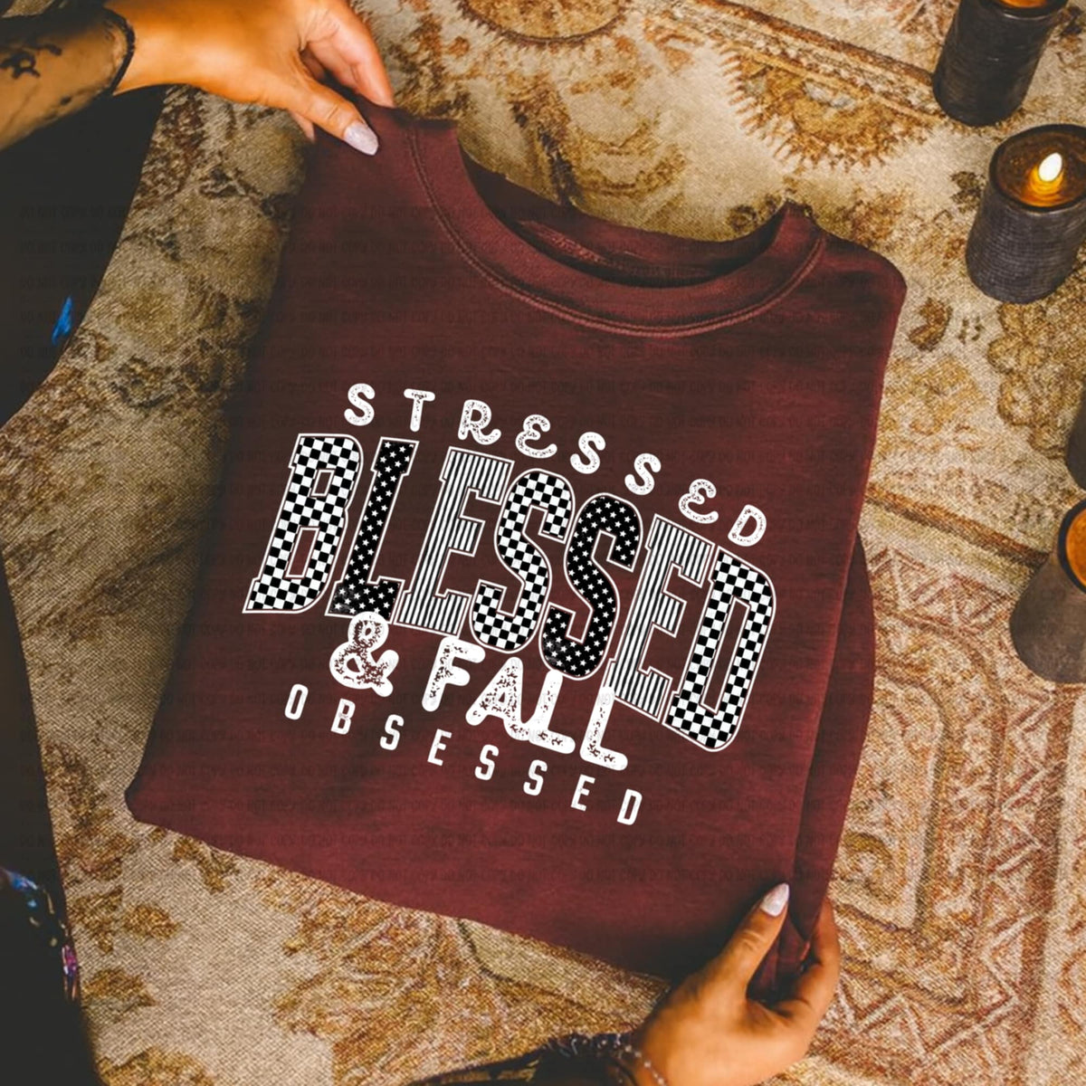 Stressed Blessed Fall Obsessed white words GRAY REVEL DTF transfer