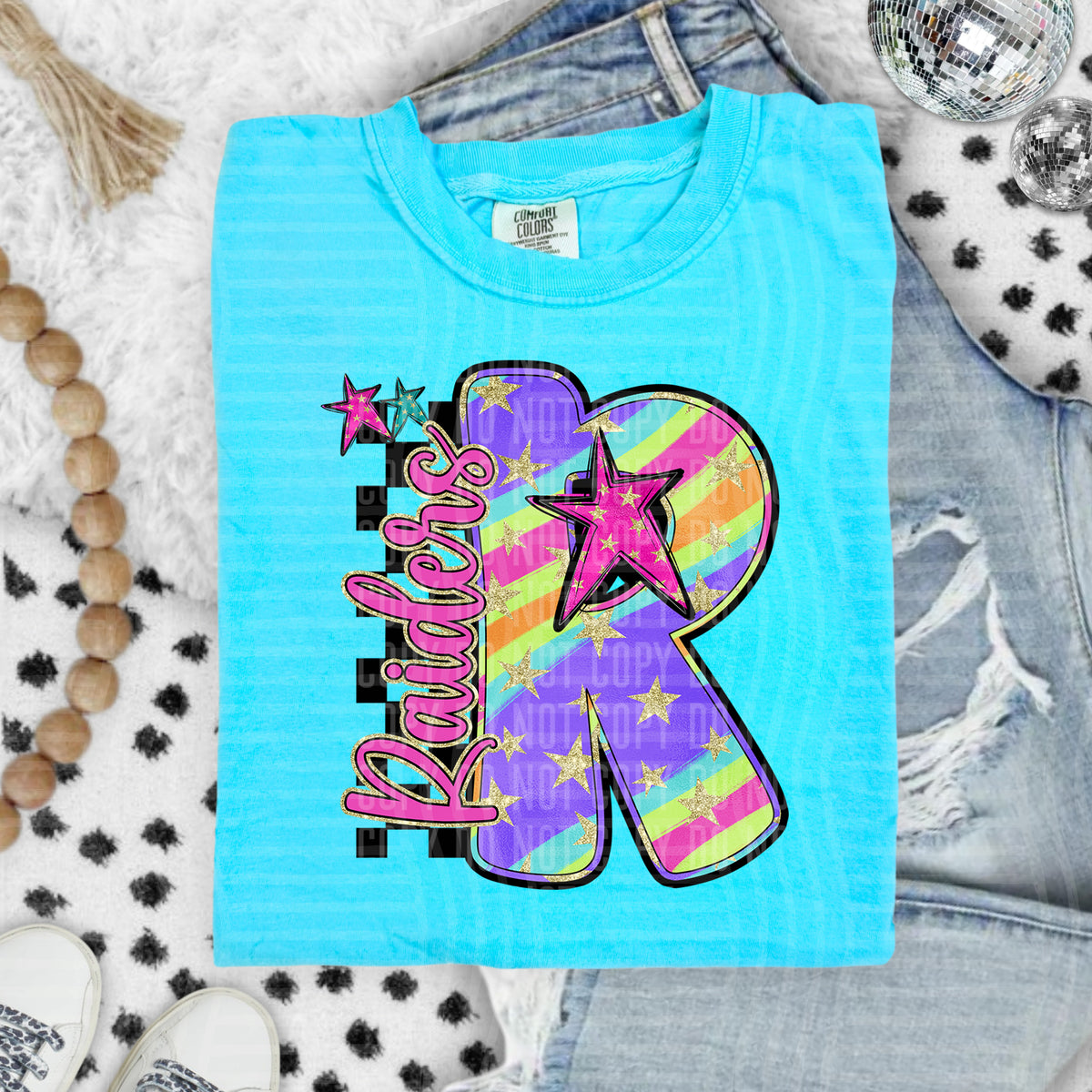 Raiders Colorful Retro Rainbow Letter R With Stars And Checker 108141 DTF transfer