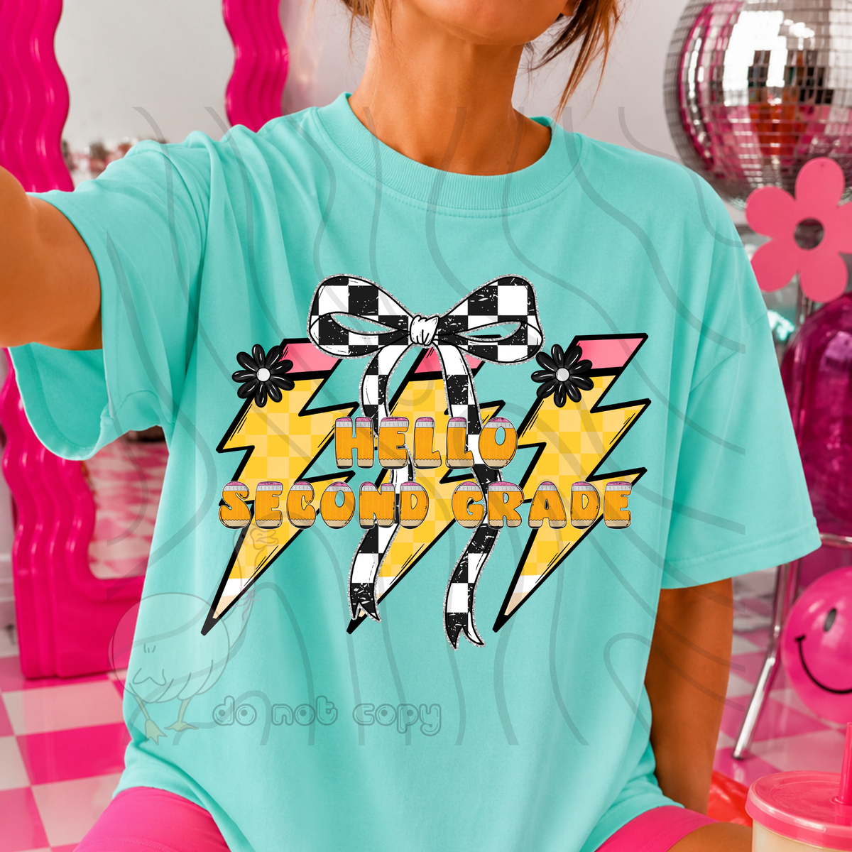 hello second grade 56 lightening bolt black/white bow occupation (dkdbk) DTF transfer