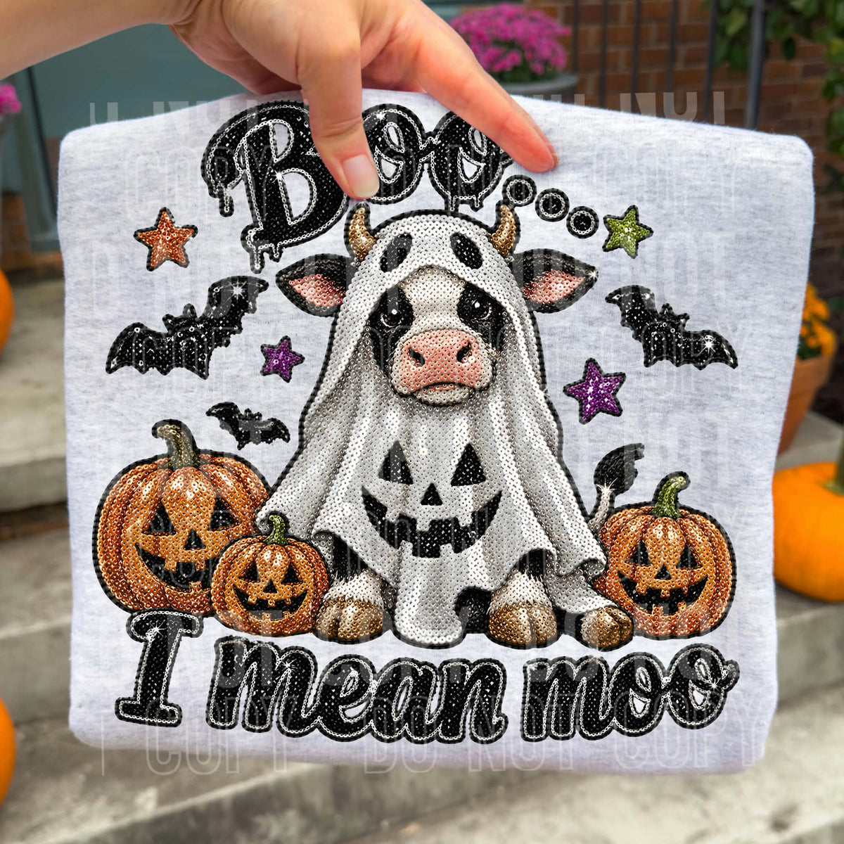 Boo I mean boo black sequins for dressed as ghost with pumpkins  SBB DTF transfer
