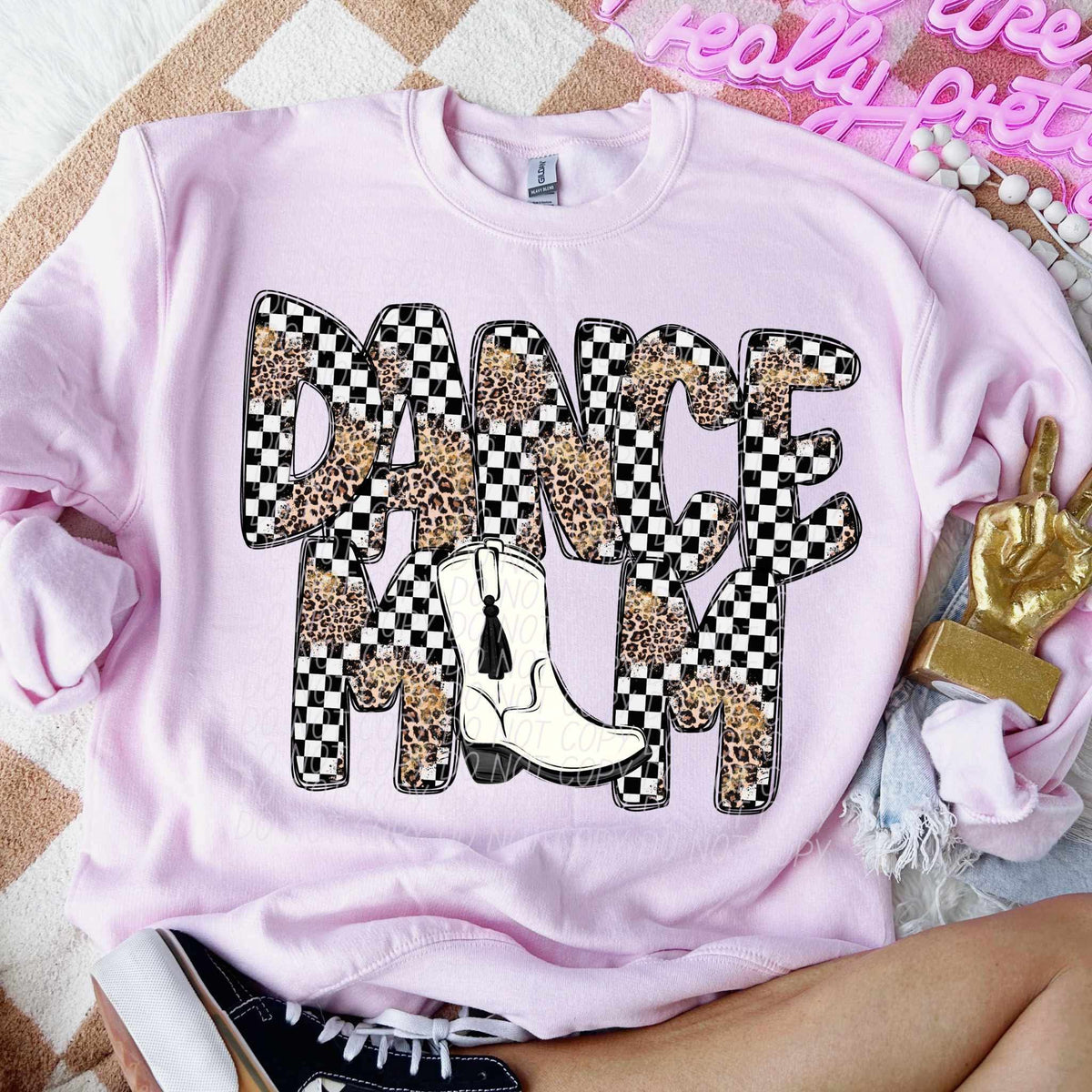 Dance mom white boot leopard and checkered font city DTF transfer