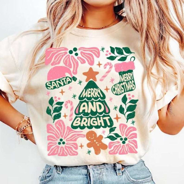 Merry and bright tree and flowers 64924 DTF transfer