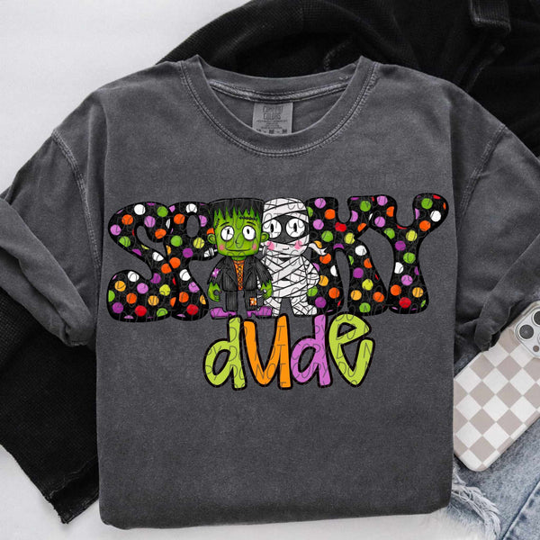 Spooky Dude polka dot mummy and Frankenstein (city) DTF transfer