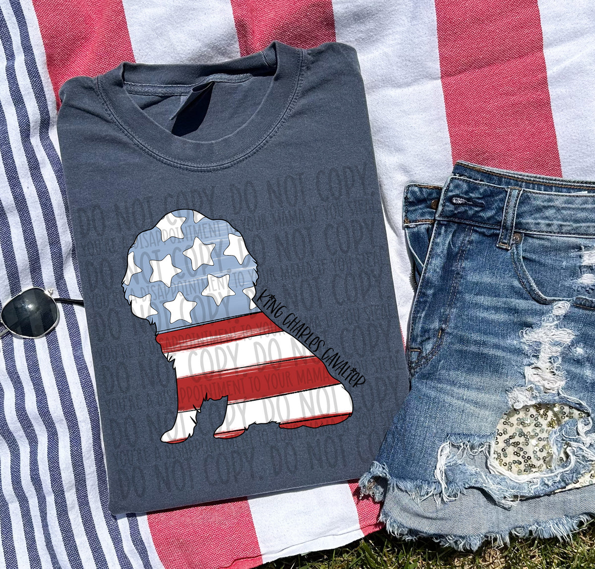 KING CHARLES CAVALIER patriotic black font (SWD) DTF transfer