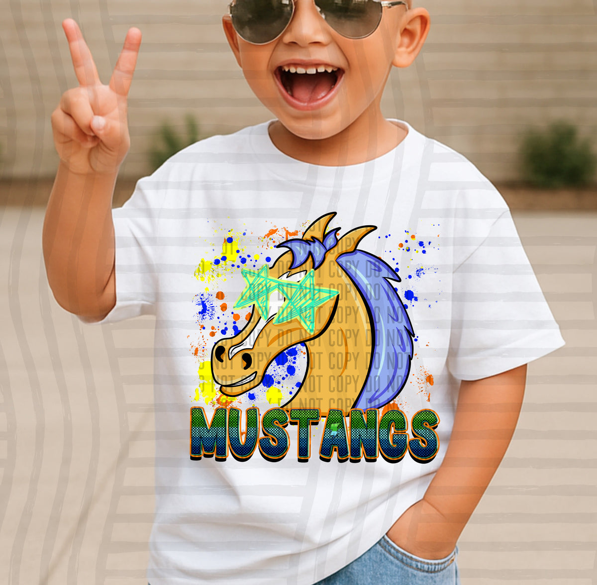 mustangs 2 paint splatter boy blue green and yellow (Caplinger) DTF Transfer