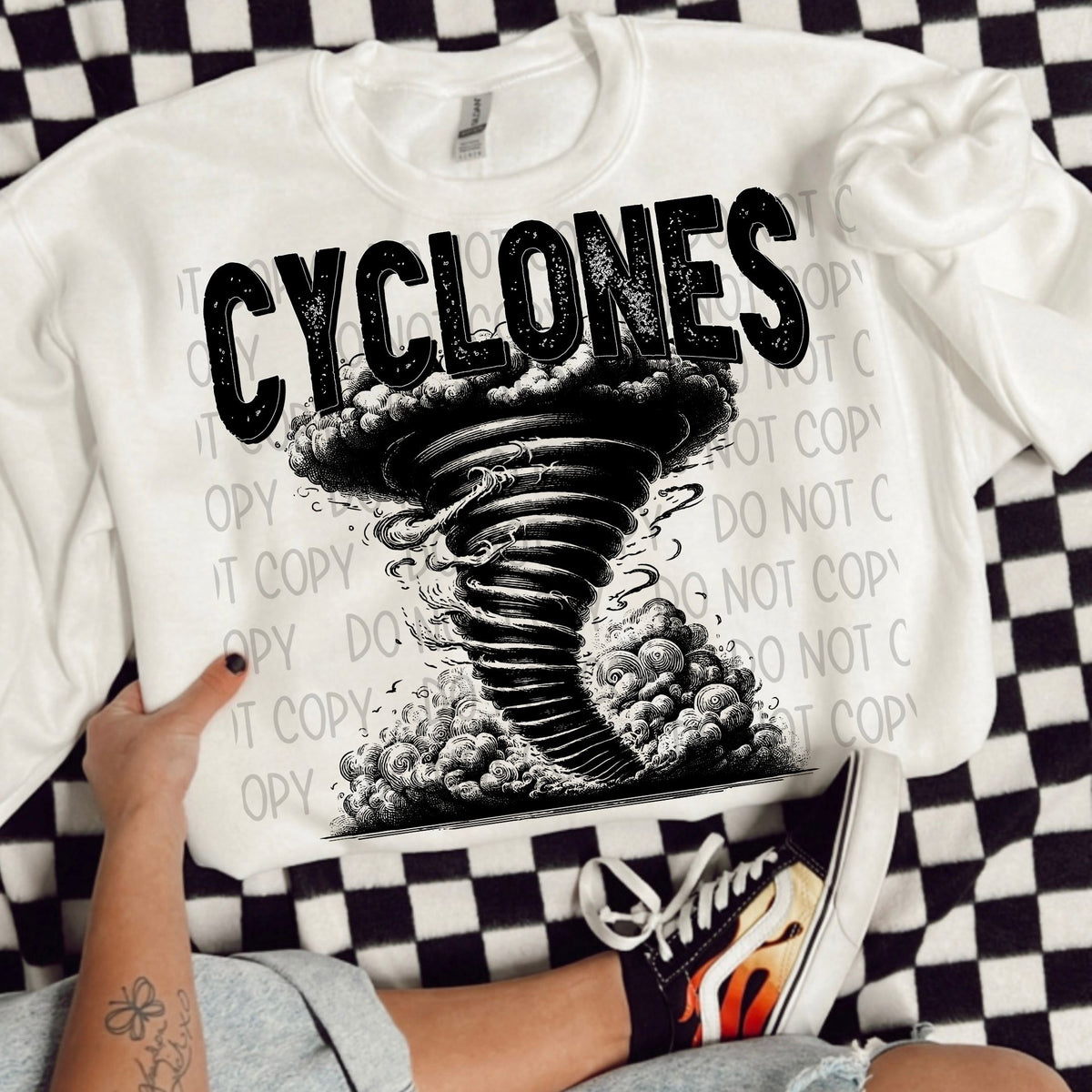Cyclones black/white outline DTF transfer