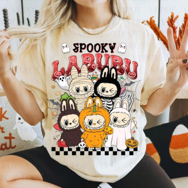 Spooky Creepy Doll black words and black checker  DTF transfer