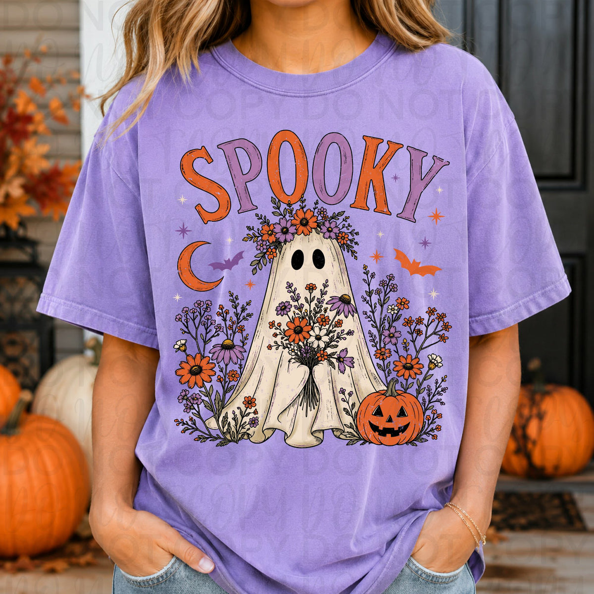 Spooky purple orange lettering ghost with floral and pumpkin  (UAC) DTF Transfer