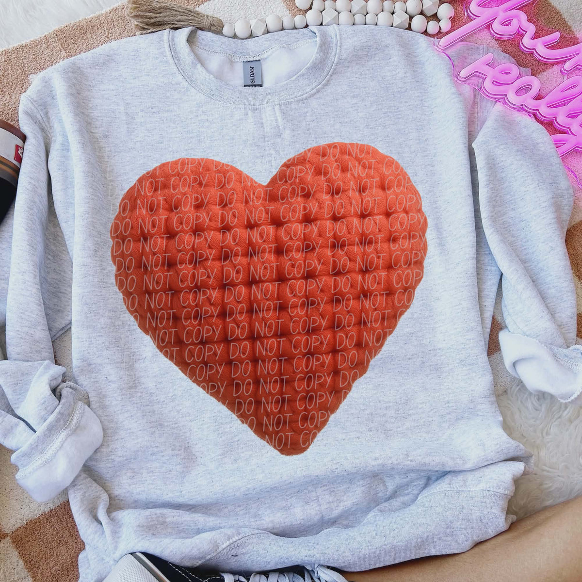 Red faux crochet heart (city) DTF transfer