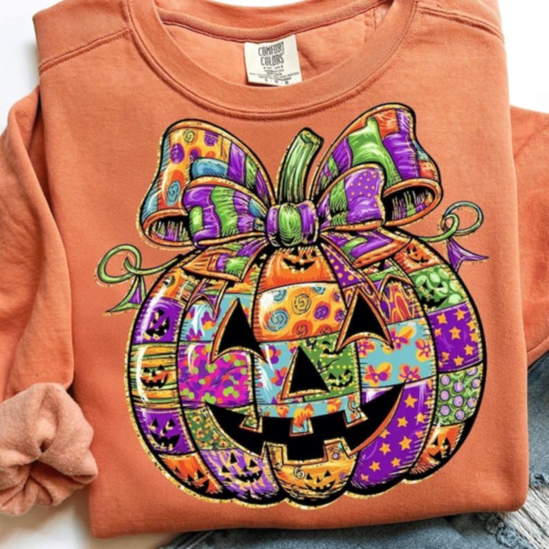 Colorful Patchwork Jack O Lantern and Bow DTF transfer