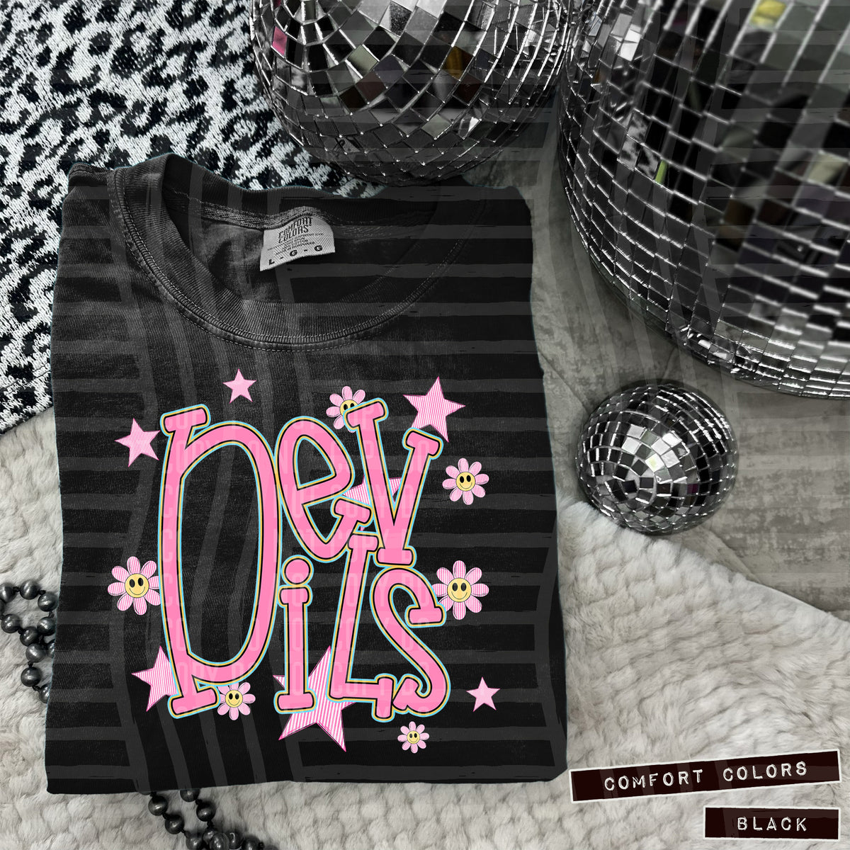 Devils Pink Flowers And Stars 104944 DTF transfer